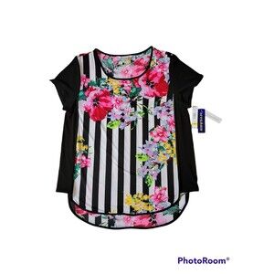 NYGARD SILKY SCOOP NECK TOP MEDIUM BLK/ WH STRIPE W-MULTI COLOR FLORAL PATTERN